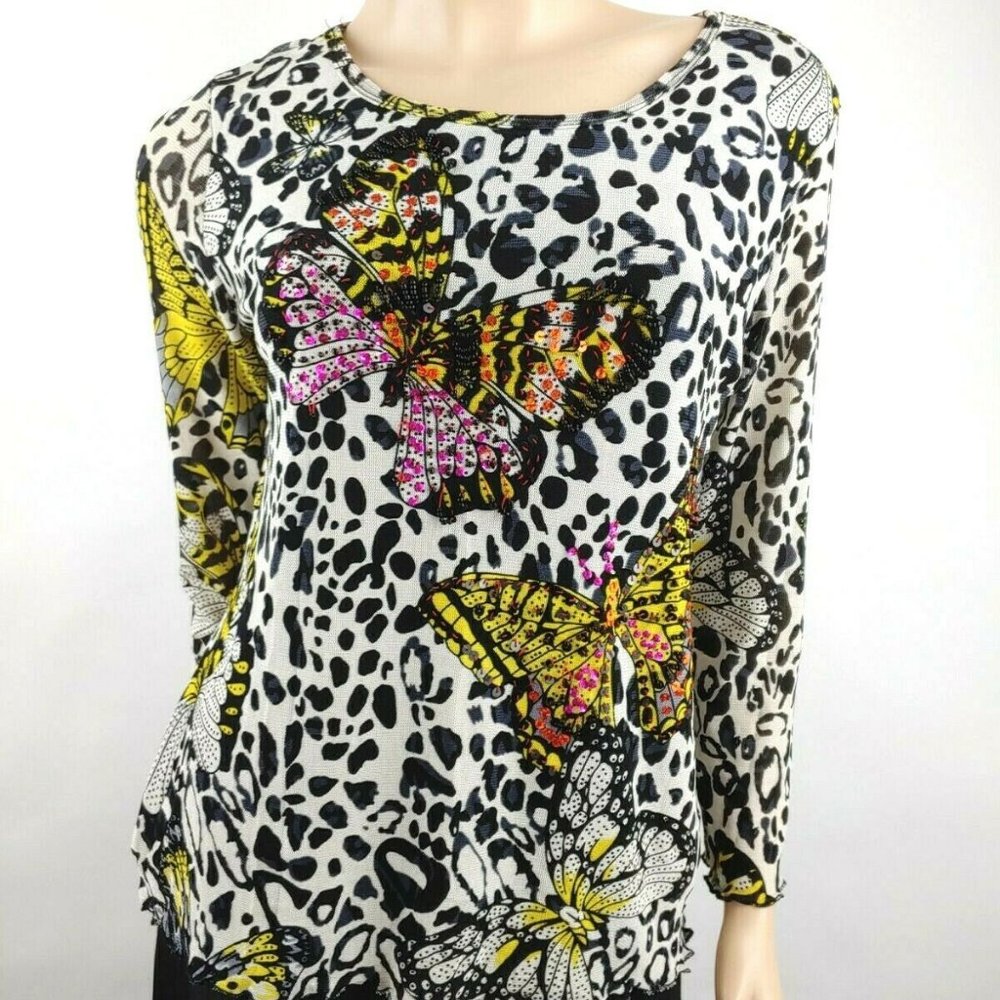 Azi Sheer Butterfly Print Beaded Blouse Large